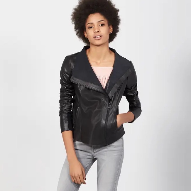 Trouv Raw Edge Cropped Leather Moto Jacket